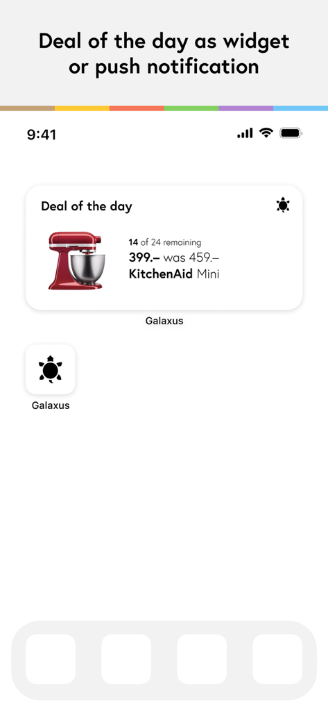 Galaxus – your online shop - 아이폰 홈 화면에 KitchenAid 스탠드 믹서의 일일 특가를 보여주는 Galaxus 앱 위젯.