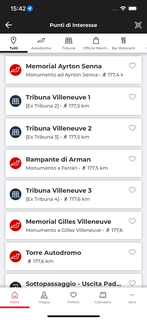 Lista de puntos de interés en la aplicación del Circuito de Imola que muestra gradas y memoriales