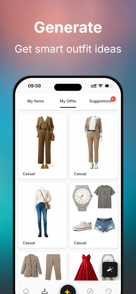 Interface do aplicativo DresMate mostrando várias combinações de looks casuais e sugestões de estilismo inteligentes geradas a partir de um guarda-roupa digital