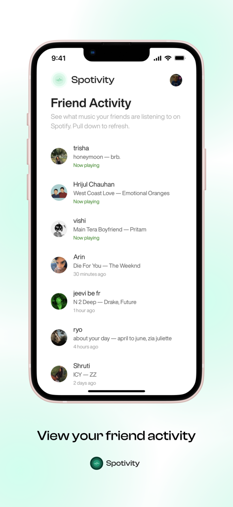Smartphone-Oberfläche, die eine Liste von Freunden und ihre jüngsten Spotify-Höraktivitäten in der Spotivity-App anzeigt.