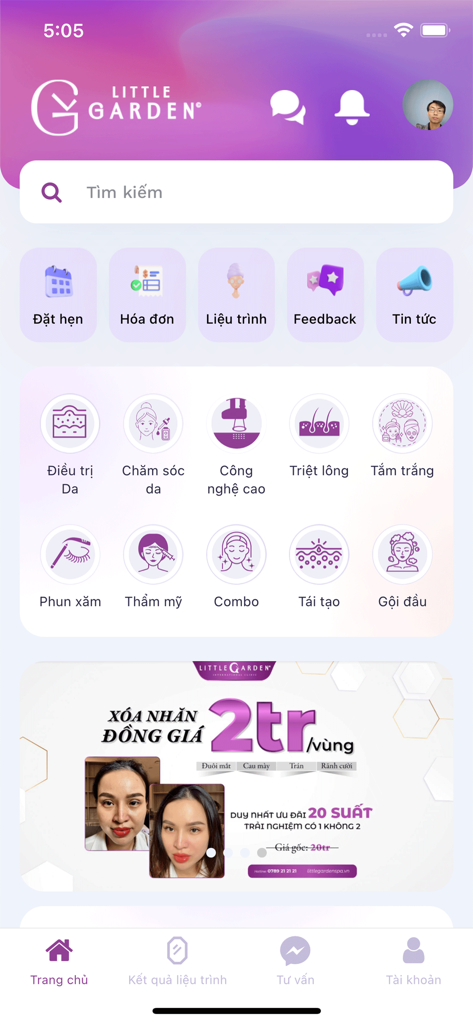 Home screen of LG Clinic app showing skincare treatments and booking menu