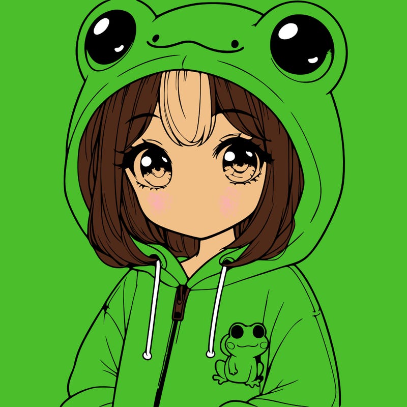 cute realistic girl in a froggy hoodie