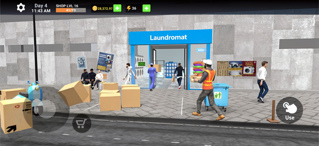 Außenansicht einer Wäscherei im Spiel Laundry Manager, die Charaktere beim Tragen von Wäsche und Benutzeroberflächen für das Geschäftsmanagement zeigt