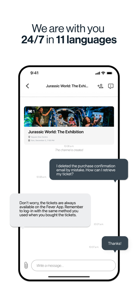 Fever: Events & Tickets - Interface of Fever app customer support chat available 24/7 in multiple languages