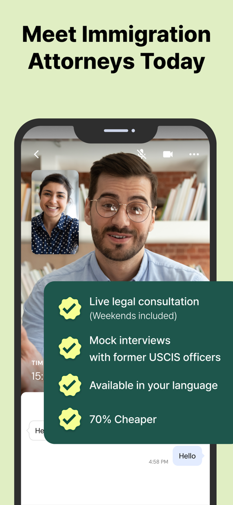 Lawfully Case Tracker - A smartphone screen showing a live video call with an immigration attorney and a list of legal services provided by the Lawfully app.