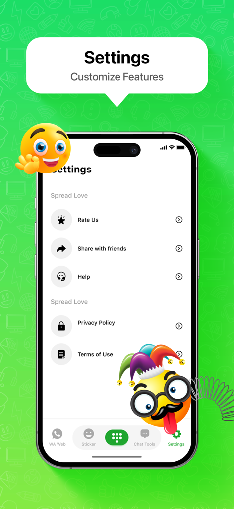 Direct Message Click to Chat - Pantalla de configuración de la aplicación Mensaje Directo Clic para Chatear con opciones para calificar la aplicación, compartir con amigos y acceder al centro de ayuda