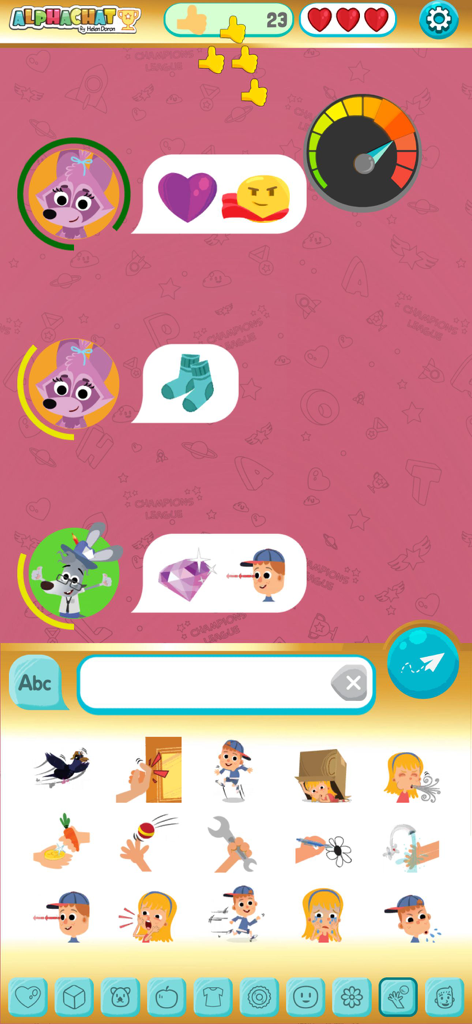 Safe chat simulator for kids featuring emoji reactions and animated characters in the Alphachat app