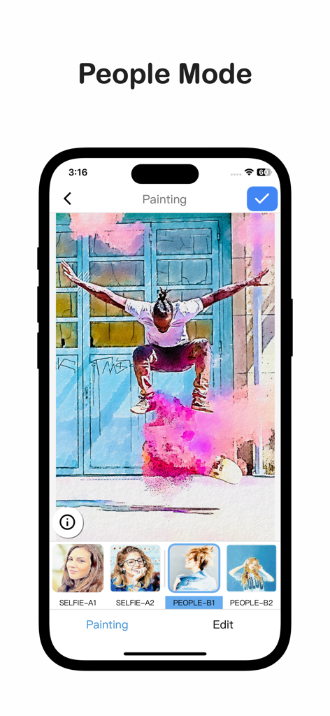 Una pantalla de smartphone que muestra la interfaz de la aplicación Qnipaint con una foto de una persona saltando transformada en una pintura de acuarela usando el Modo Personas.