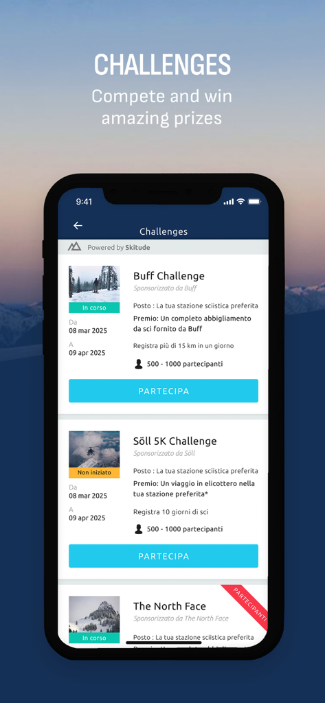 Skiarea Madonna di Campiglio - Mobile screen showing a list of interactive ski challenges and prizes in the Skiarea Madonna di Campiglio app