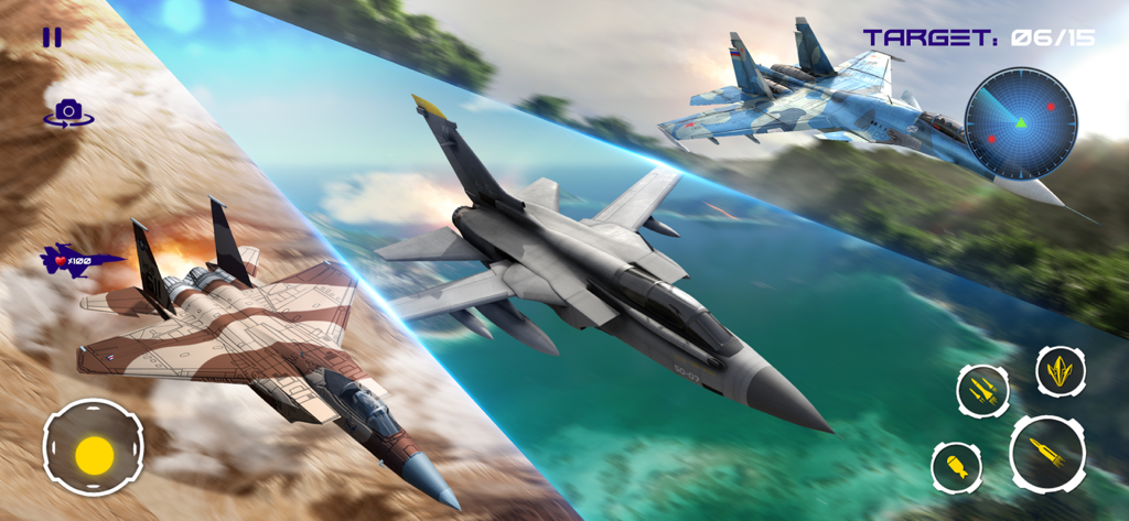 Modern fighter jets in 3D sky dogfight with tactical UI and radar