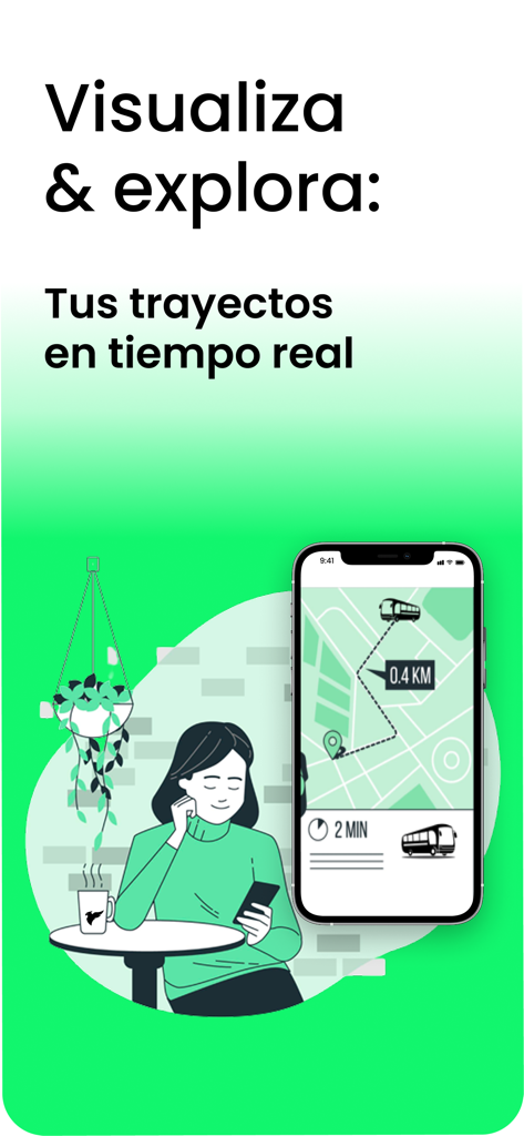 Una persona usando la aplicación HiWay en un smartphone para rastrear la ubicación de un autobús y la hora estimada de llegada en un mapa