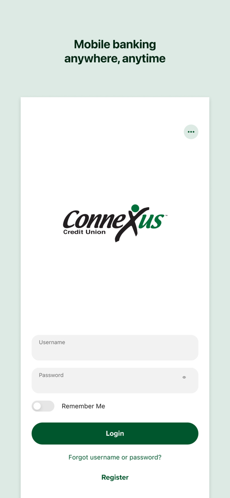 Login screen of the Connexus Credit Union mobile banking app featuring username and password fields