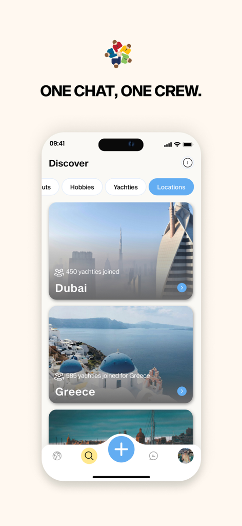 The Discover screen of the Lost And Found Crew app displaying yacht crew communities in Dubai and Greece