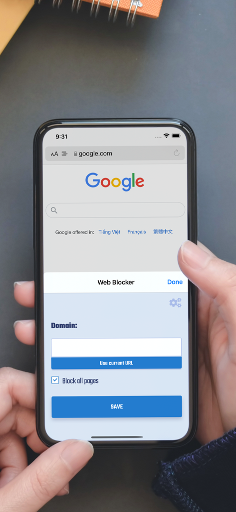 Web Blocker app interface on iPhone Safari browser to block specific website domains