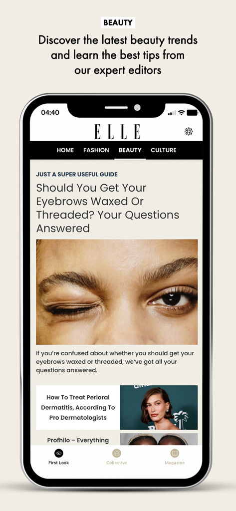 Smartphone screen displaying the ELLE Magazine UK app beauty section with an article about eyebrow trends