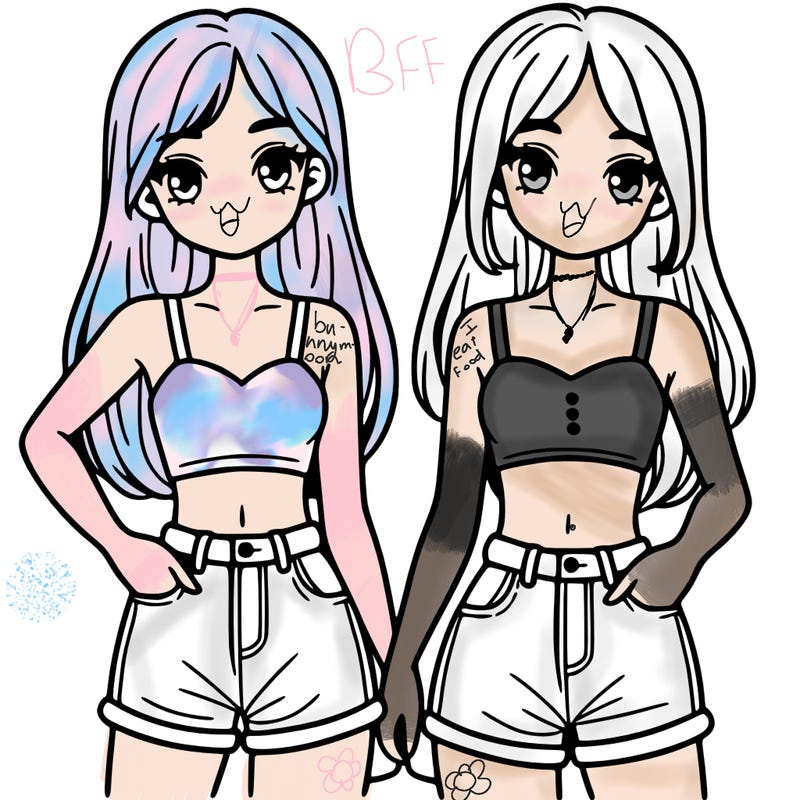two sisters with crop tops and jean shorts and straight hair