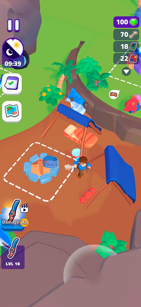 Island Scavenger: Wild Mystery - アイランド・スカベンジャー ワイルド・ミステリーで、キャンプファイヤーと避難所のあるサバイバルベースキャンプにいるキャラクター