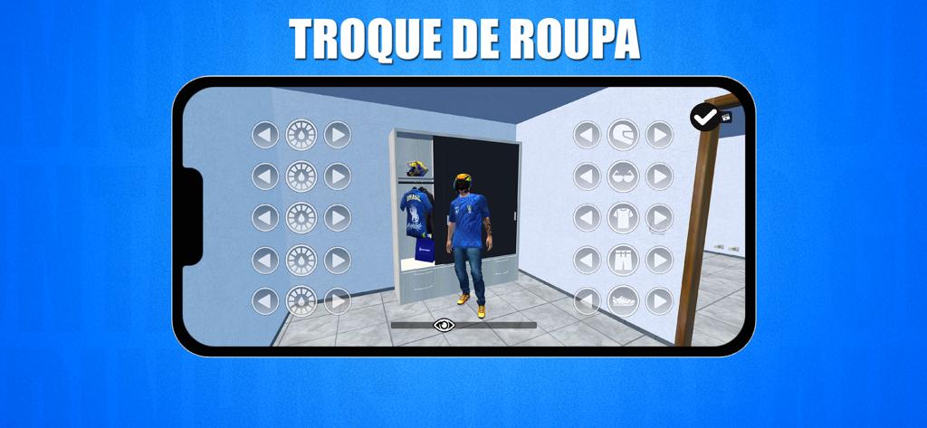 Montadinhas do Grau - A character customization screen in the game Montadinhas do Grau where the player can change clothes and accessories like helmets and shirts.