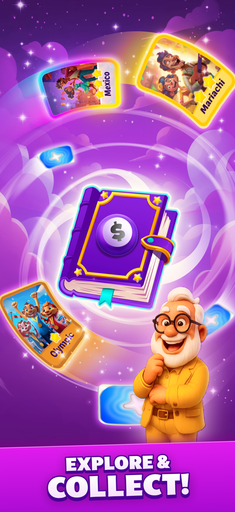 Bingo - Win Cash - A game screenshot showing collectible cards and a purple book with a dollar sign logo next to an elderly character with the text Explore and Collect.