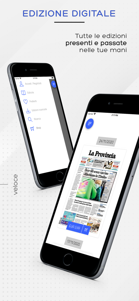 La Provincia di Como - Interfaccia dell'app del quotidiano digitale La Provincia di Como su due smartphone che mostrano il menu e una pagina di notizie.