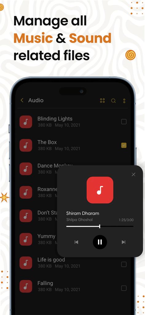 Una captura de pantalla de la aplicación Gestores de Archivos mostrando una lista de archivos de audio y una interfaz de reproductor de música mini.