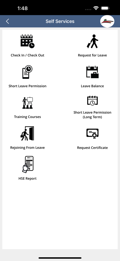 KOTC app self services screen featuring employee HR management tools