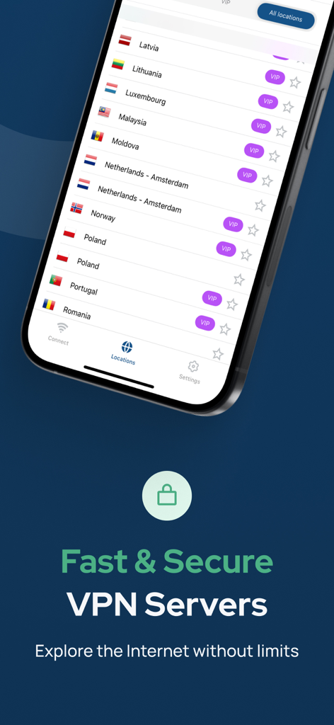 Octohide VPN mobile app interface showing a list of international server locations for fast and secure connection