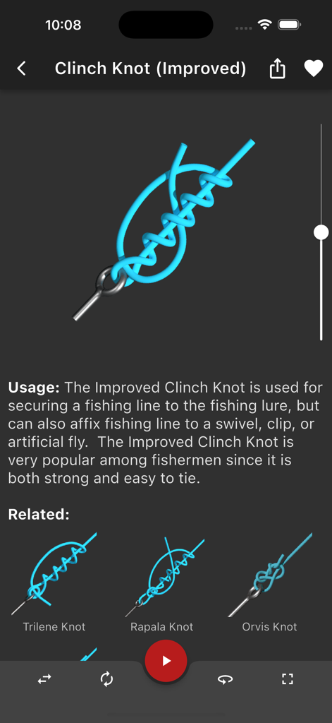 A 3D visualization and usage guide for the Improved Clinch Knot in the Knots 3D mobile app
