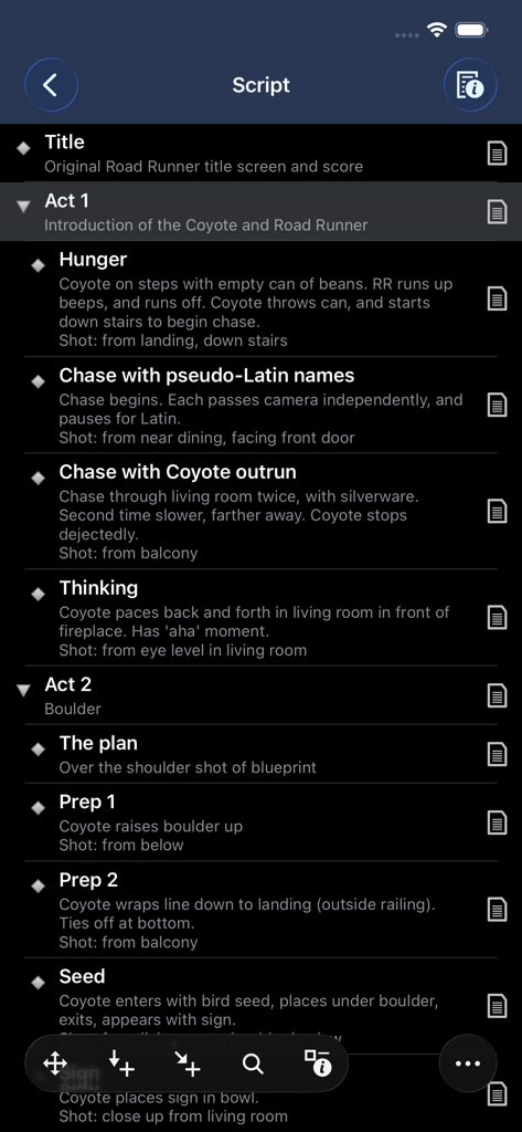 Una captura de pantalla de la aplicación Outliner que muestra un desglose jerárquico de guiones para un proyecto en modo oscuro.