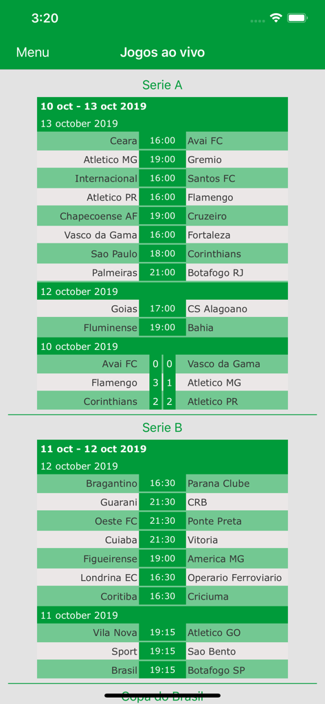 Calendario de partidos en vivo y resultados de las ligas Brasileirão Serie A y Serie B.