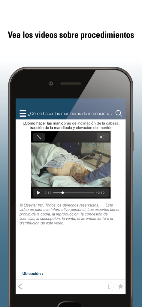 Screenshot of the Manual MSD pro app showing a video tutorial on medical procedures in Spanish