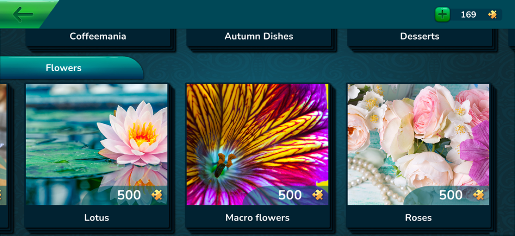 Cool Jigsaw Puzzle HD - Menu screen of Cool Jigsaw Puzzle HD showing flower themed puzzles