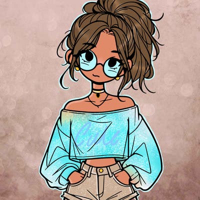 girl with a messy ponytail glasses a baggy crop top and jean shorts