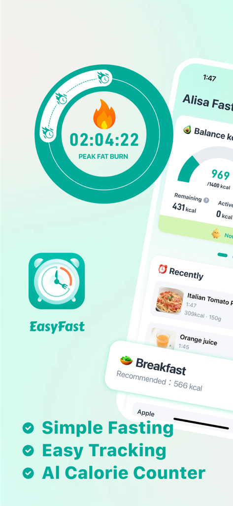 EasyFast - Calorie Counter - Interfaz de la aplicación móvil EasyFast que muestra un temporizador de ayuno intermitente con estado de quema de grasa óptima y un panel de seguimiento de calorías