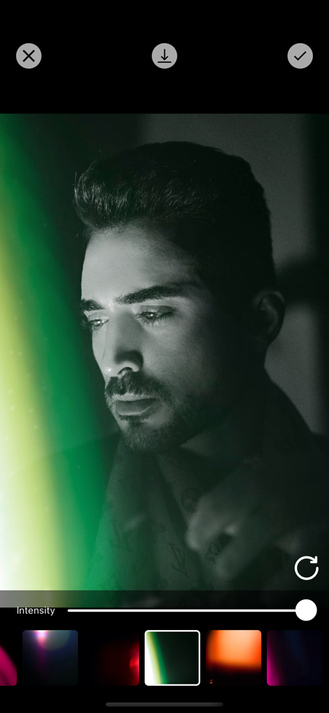 Photo Filters + - Interface of Photo Filters plus app showing a portrait with a light leak effect and intensity slider