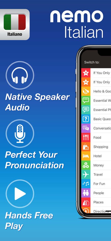 Italian by Nemo - Nemo Italian app interface highlighting native speaker audio pronunciation studio and travel categories