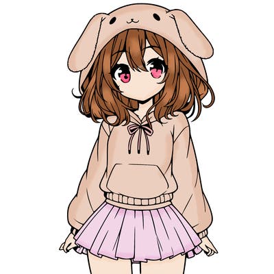 pretty anime girl wearing a fluffy hoodie with bunny ears on the hood and a skirt