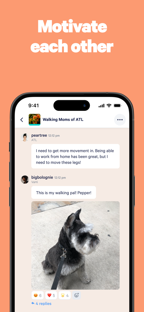 Screenshot of the Stridekick app social chat showing members of a walking group sharing messages and pet photos to motivate each other.