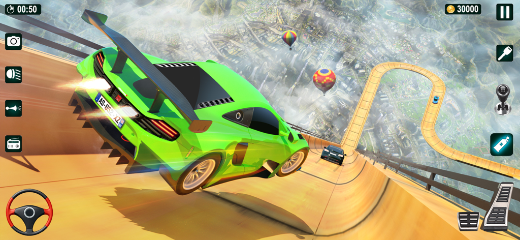 GT Car Stunt Driving Game - Green supercar performing stunts on a high altitude mega ramp over a city