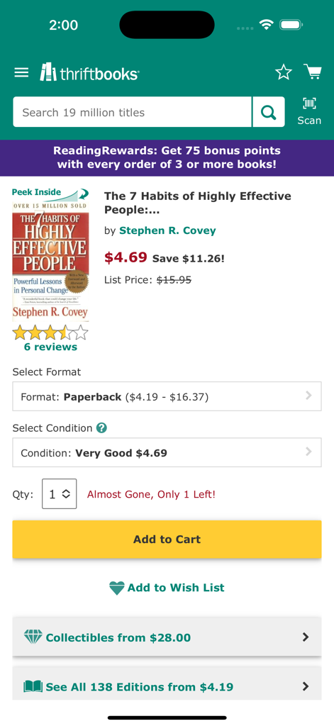 La interfaz de la aplicación ThriftBooks que muestra una página de producto de libro usado con ahorros de precio