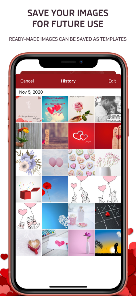Pantalla de historial de la aplicación Creador de Tarjetas de Amor mostrando una cuadrícula de plantillas de tarjetas y imágenes guardadas