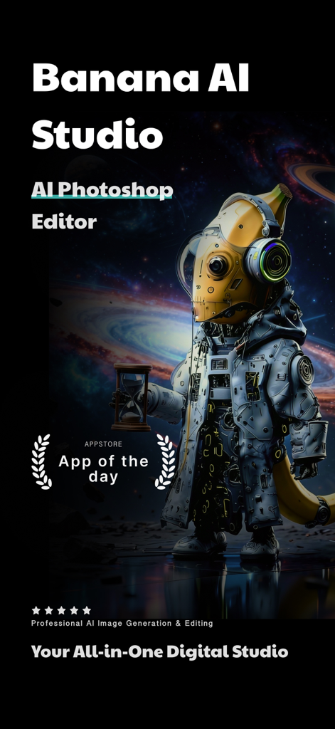 Banana Studio: Al Image Editor - Banana Studio AI Image Editor app splash screen with a futuristic banana character
