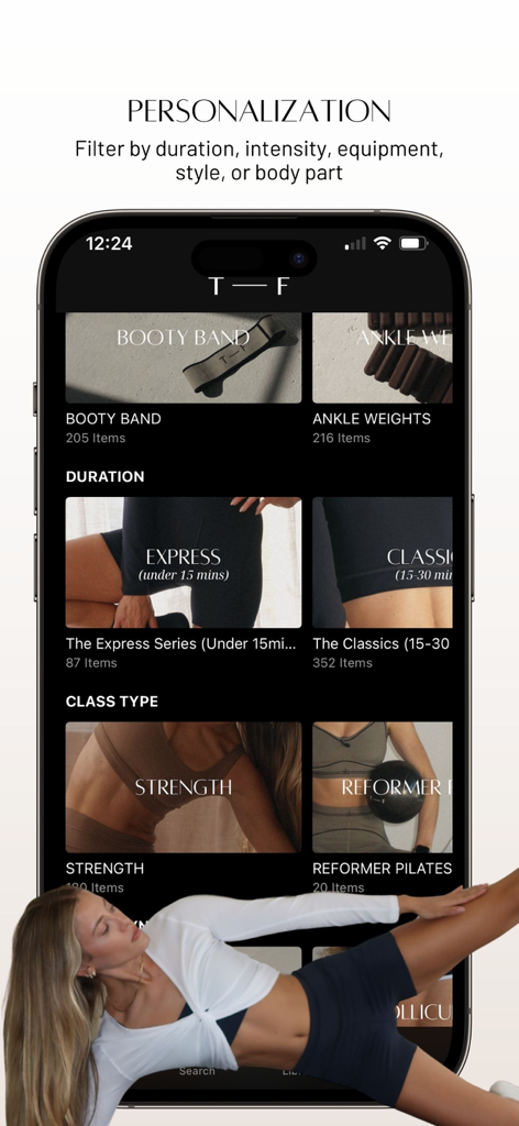 TF Studio app personalization screen with filters for duration equipment and class type