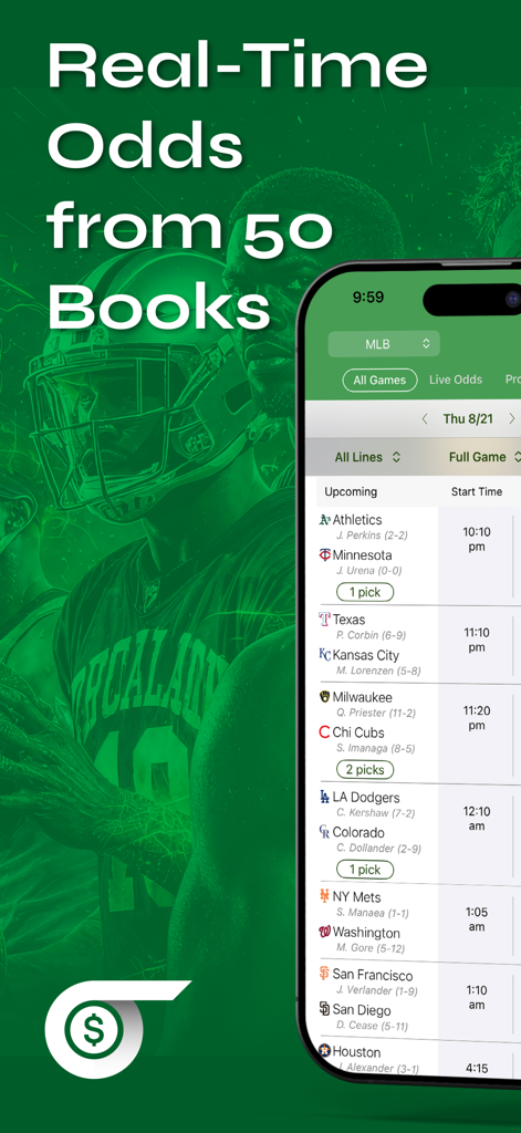 Live Scores and Odds - Smartphone displaying real time MLB betting lines and odds from fifty different sportsbooks