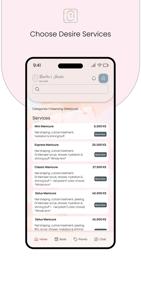 Barbie's Studio - Barbie's Studio app screen displaying various manicure services with descriptions and prices for online booking.