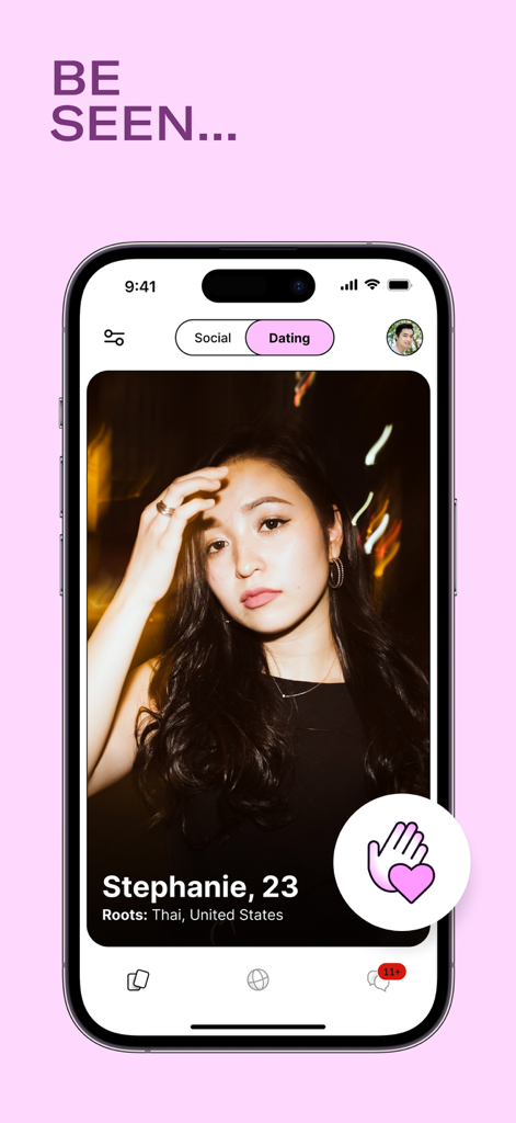 A mobile interface for Yuzu dating app showing a profile of a woman named Stephanie with a toggle between Social and Dating modes and a waving hand icon.