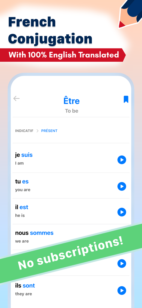Mobile app interface showing the French verb Etre conjugated in the present tense with English translations and audio play buttons