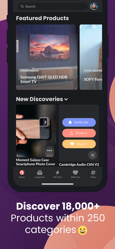 Gadget Flow - Discover & Shop - Interfaz de la aplicación Gadget Flow mostrando productos destacados como un televisor inteligente y fundas para smartphones.