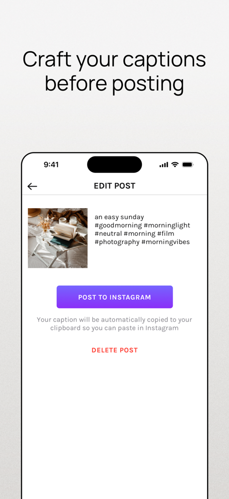 A screen showing the caption and hashtag editor for planning an Instagram post within the feed preview app.