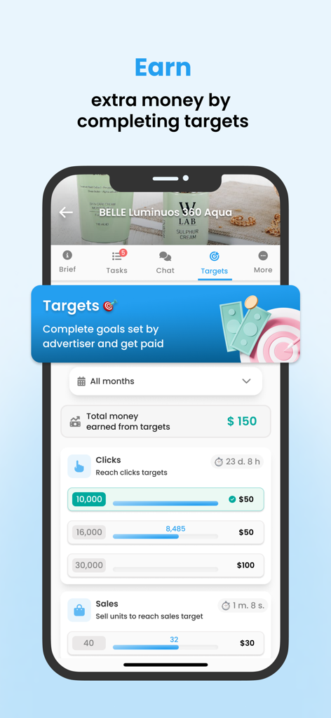 Humanz - クリエイターがブランドキャンペーンからのクリック数、売上の進捗、総収益を追跡できるHumanzアプリのターゲット画面のインターフェース
